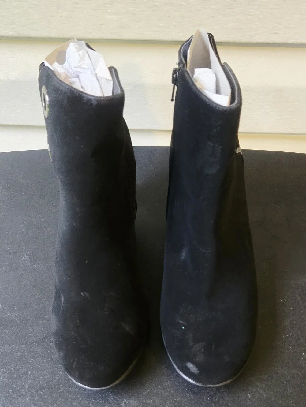 Black Suede Heel Ankle Boots with Grommet Detail